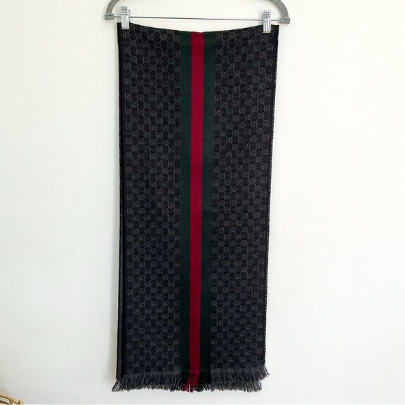Gucci Accessories - Gucci Black Wool Logo Scarf with Green Red Stripe Wool Blend Scarf